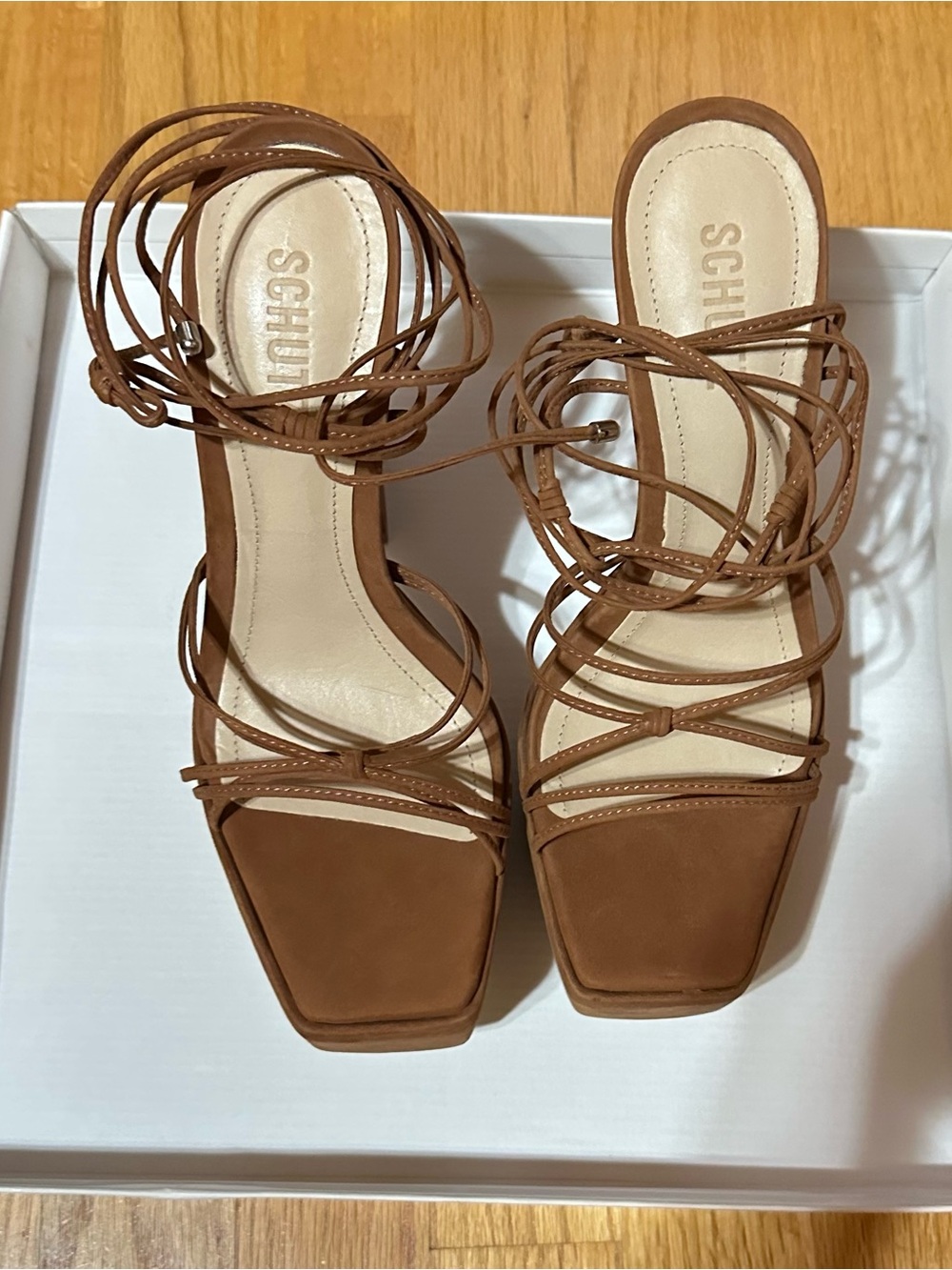 SCHUTZ Tan Strappy Lace-Up Square-Toe Heels